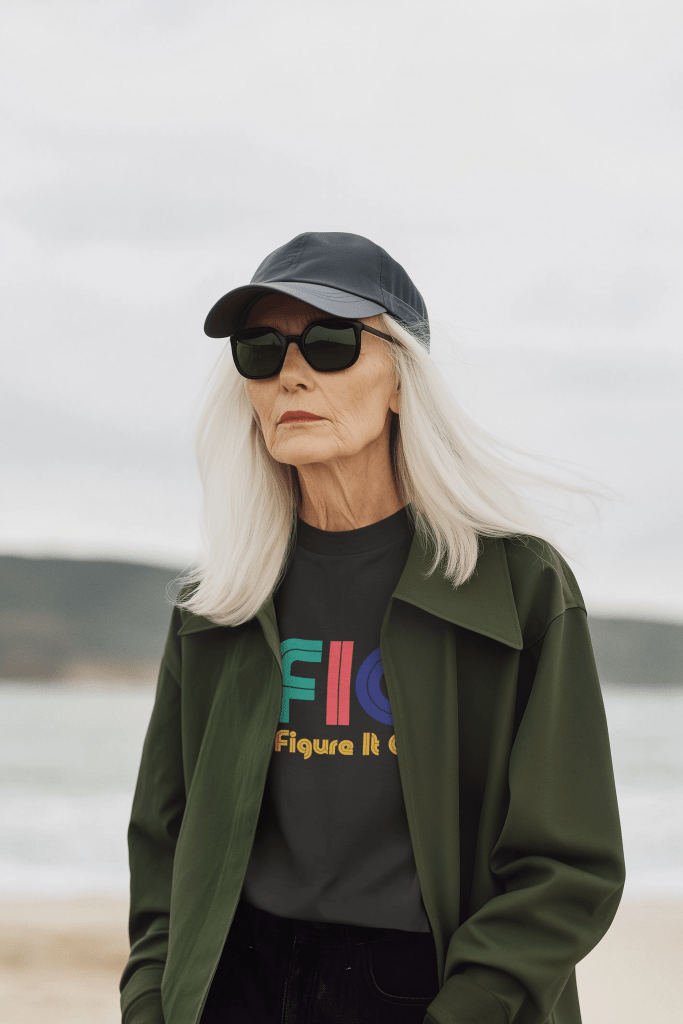 mature woman on the beach wearing IFIO I'll Figure It Out t shirt