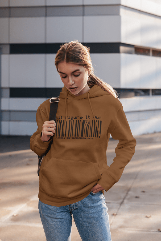 woman wearing a brown hoodie with a bar code of I'll Figure It Out