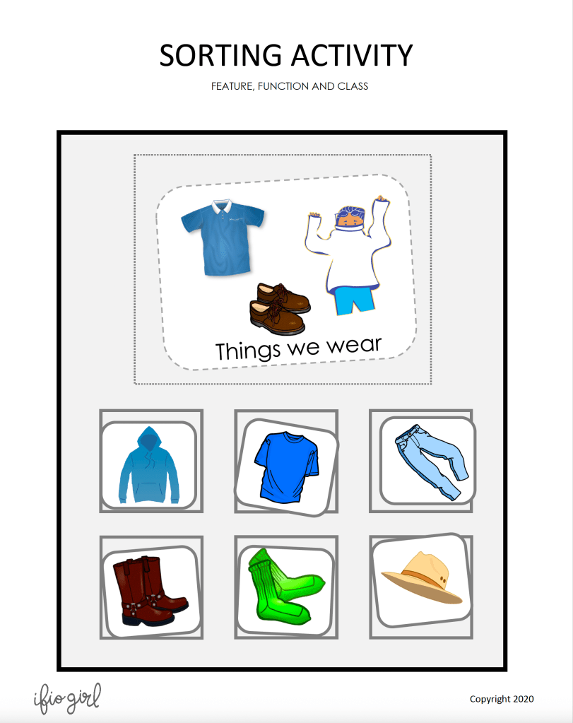 cover of the activity sorting things we wear - hoodie, shirt, jeans, boots, socks, hat.