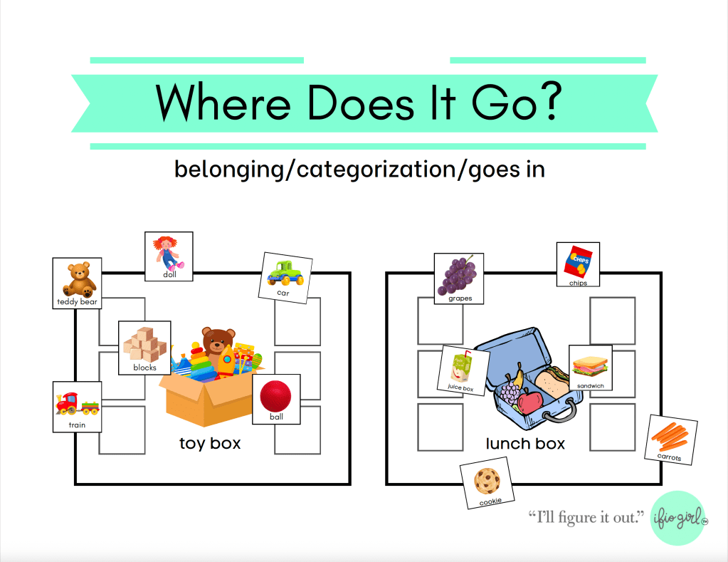 picture of the cover of the activity. two sorting mats with one of a toy box and the other a lunch box