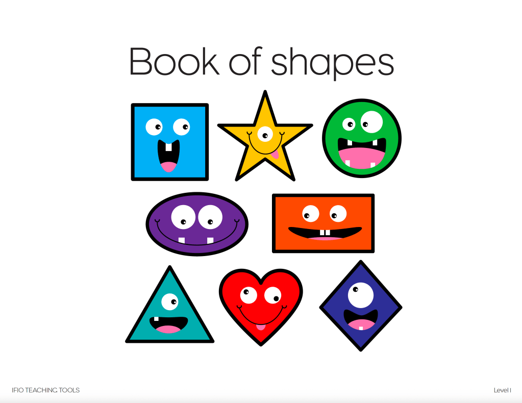 cover page for the book of shapes with all the shapes in primary colors with fun silly different faces on each shape.