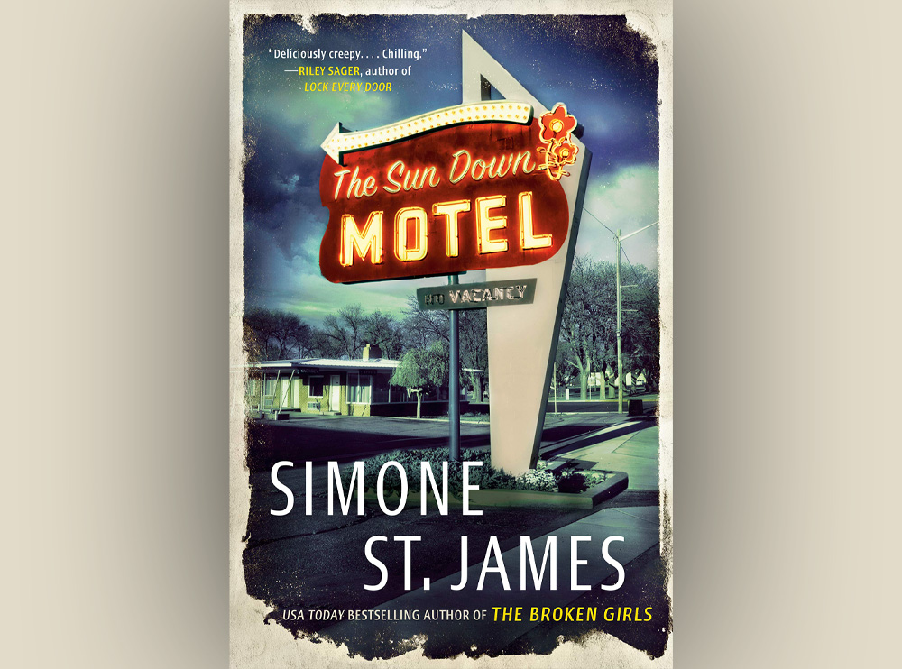 Book cover featuring a vintage motel sign reading 'The Sun Down Motel' with the tagline 'No Vacancy' and the author's name, Simone St. James.