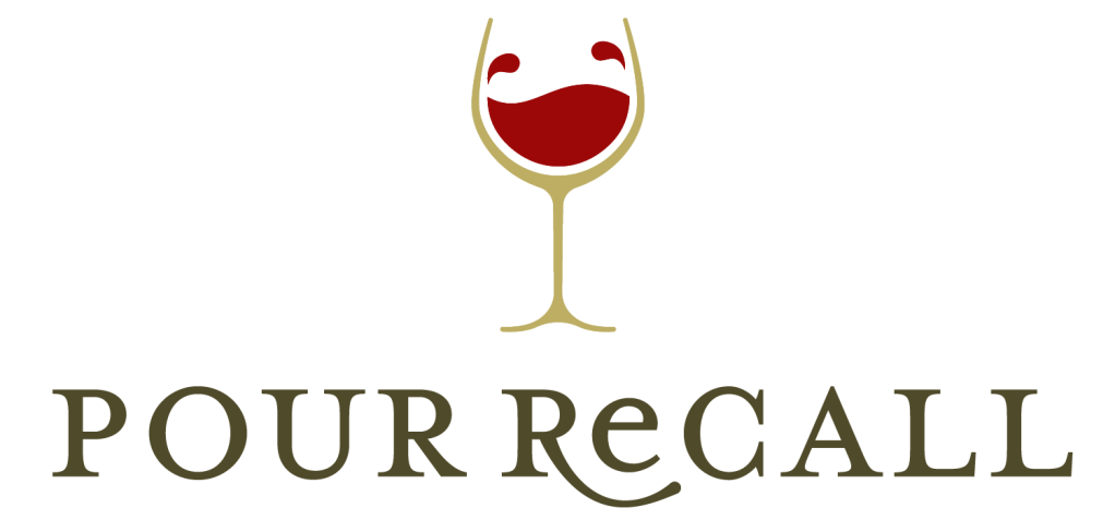 logo for the app pour recall. a wine glass with a splash of wine that looks like a happy face.