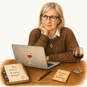 Illustrated portrait of Pour Recall founder working on her laptop with a glass of red wine, notebook notes reading Build Improve Repeat, and Progress Over Perfection.
