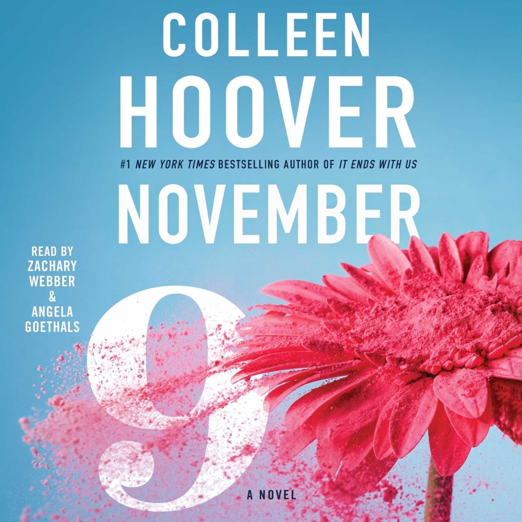 Book cover with a flower and the word November 9 - colors blue, white and pink