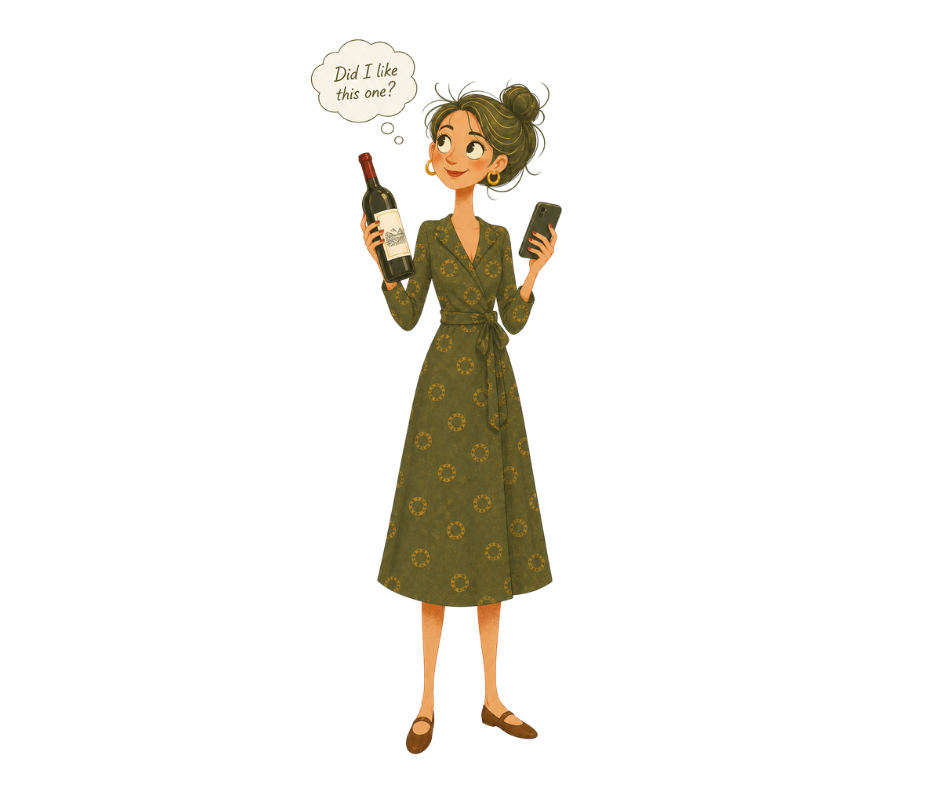 Pour recall brand character Kay Syrah holding a bottle of wine and iphone with a thought bubble that reads - Did I like this one?